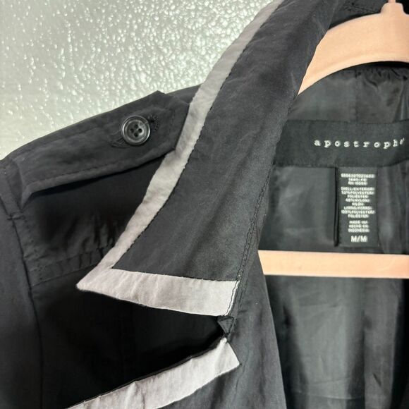 Apostrophe Womens Trench Rain Coat Double Breasted Size Medium Black with Belt - Picture 6 of 16